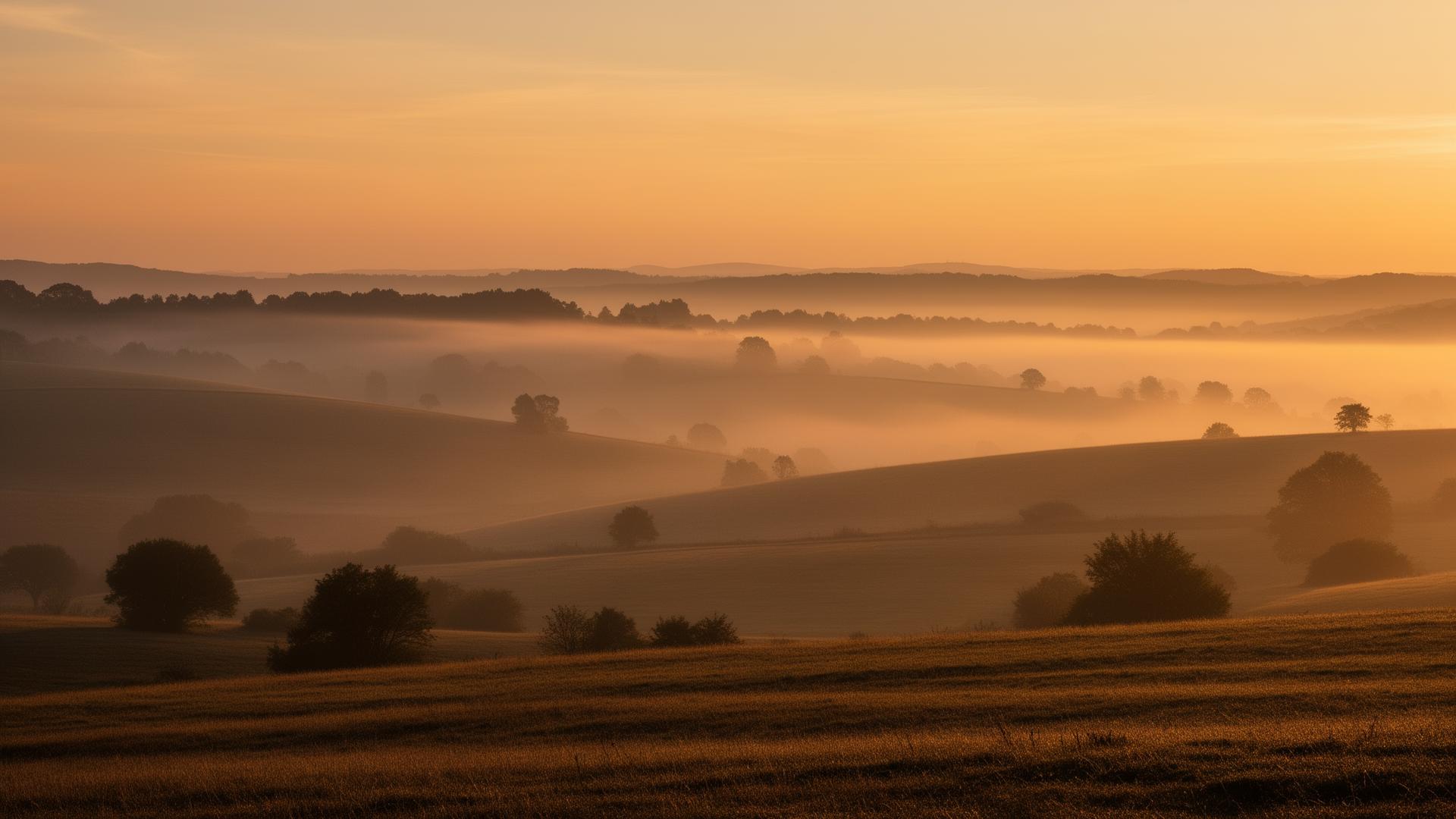 A warm-dusk foggy landscape.