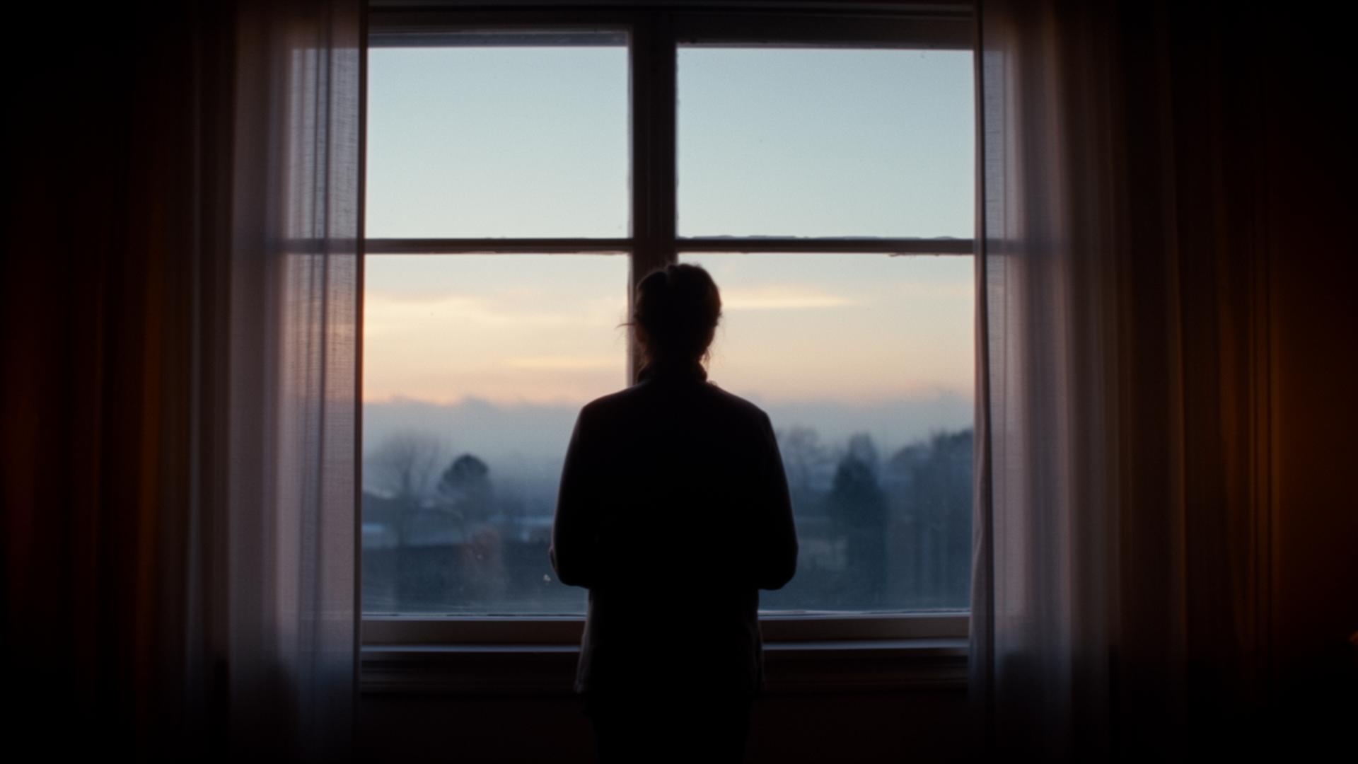 A lone figure standing at a large window at dawn.